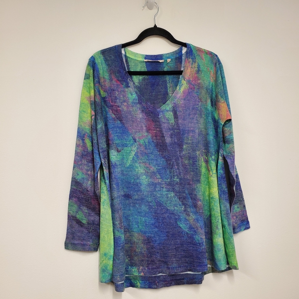 Soft Surroundings Multicolor V-Neck Long Sleeve Tee - Blue, Green, Purple